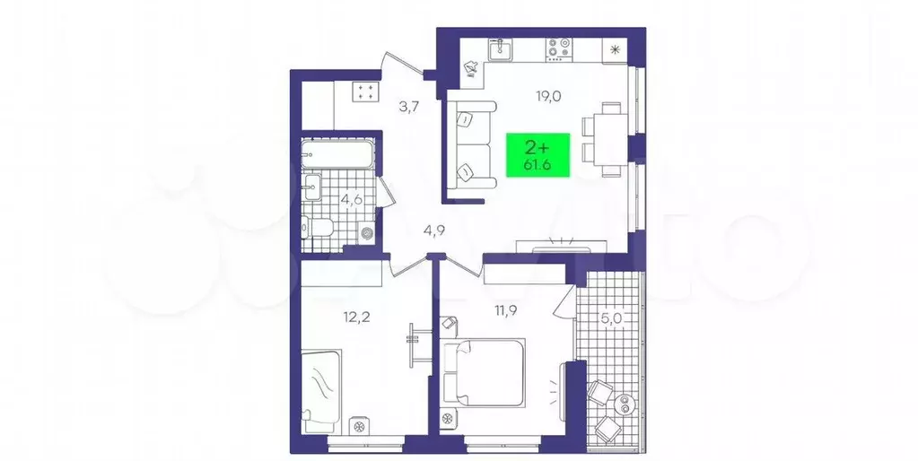 2-к. квартира, 61,6 м, 10/15 эт. - Фото 1