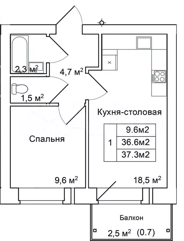 1-к. квартира, 37,3м, 2/9эт. - Фото 0