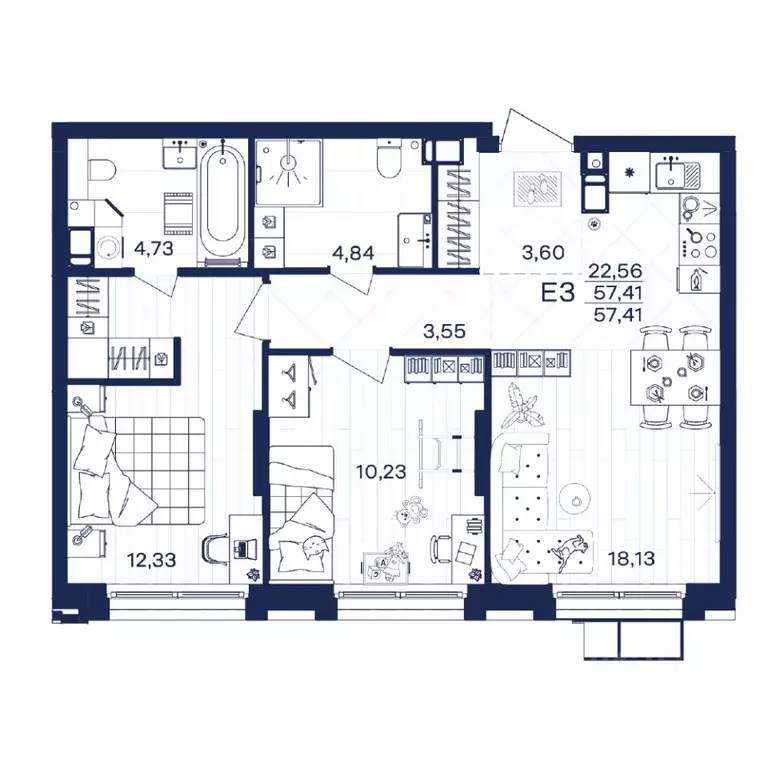 2-к кв. Тульская область, Тула Гармония жилой комплекс (57.41 м) - Фото 1