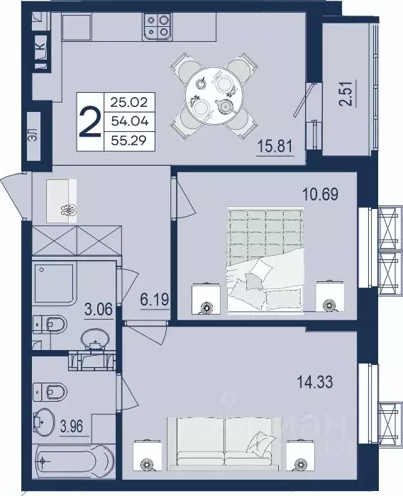 2-к кв. Краснодарский край, Краснодар  (55.29 м) - Фото 1