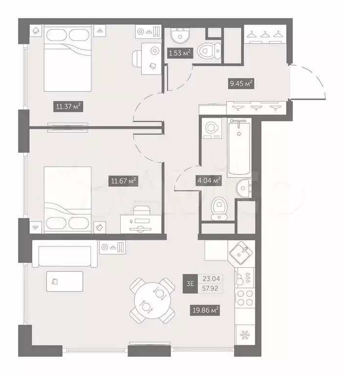 2-к. квартира, 57,9 м, 3/10 эт. - Фото 0