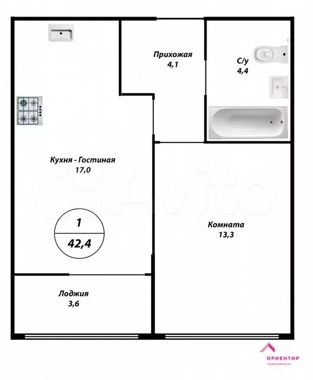 1-к. квартира, 42,4 м, 13/21 эт. - Фото 0