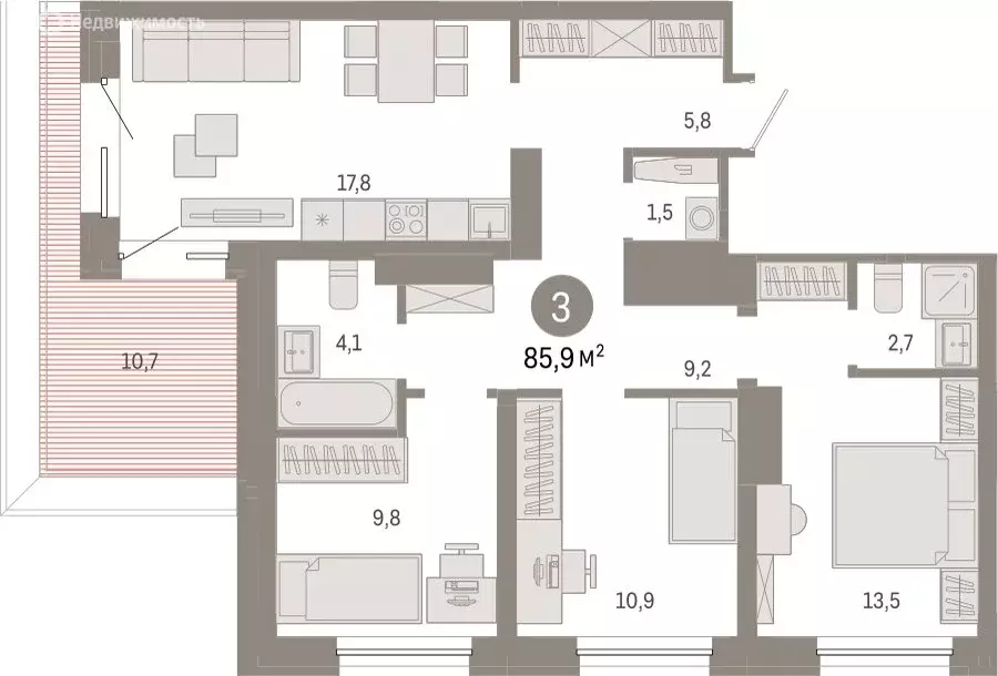 3-комнатная квартира: Екатеринбург, улица Войкова, 15 (85.9 м) - Фото 0