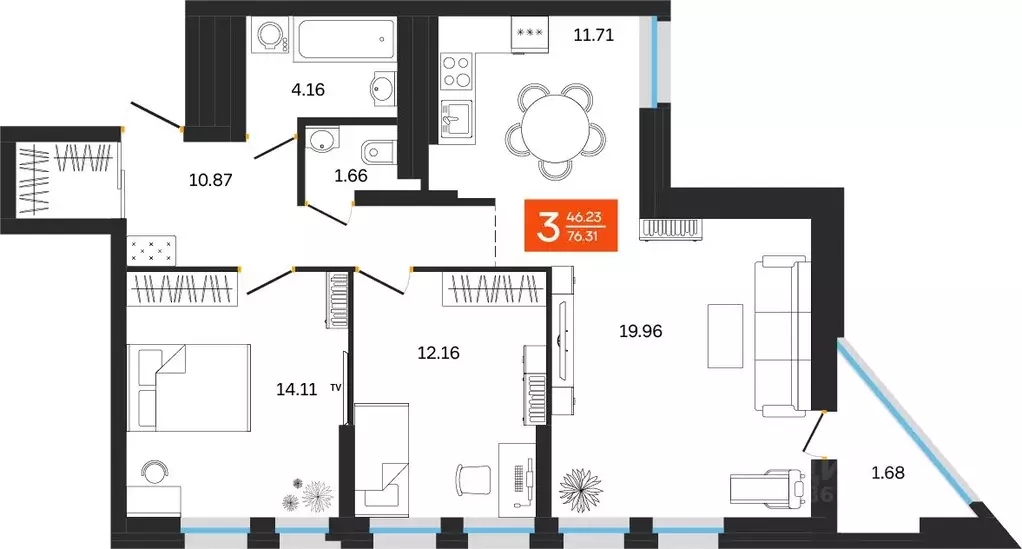 3-к кв. Башкортостан, Уфа ул. Султанова, 28 (76.31 м) - Фото 1
