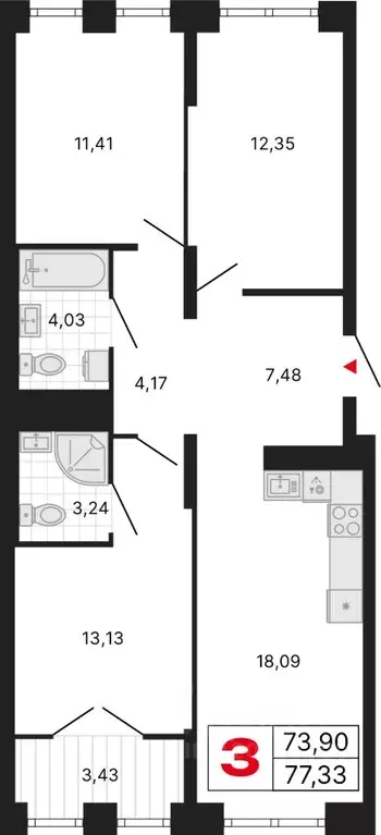 3-к кв. Свердловская область, Екатеринбург ул. Студенческая, 1Нк4 ... - Фото 1
