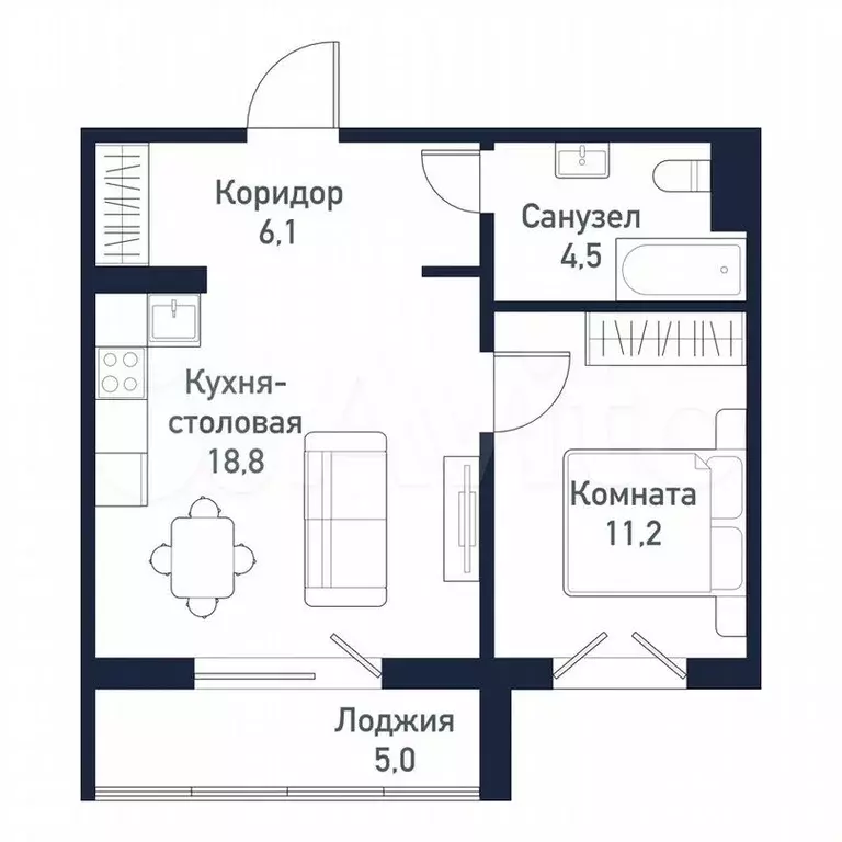 1-к. квартира, 40,6м, 4/10эт. - Фото 0