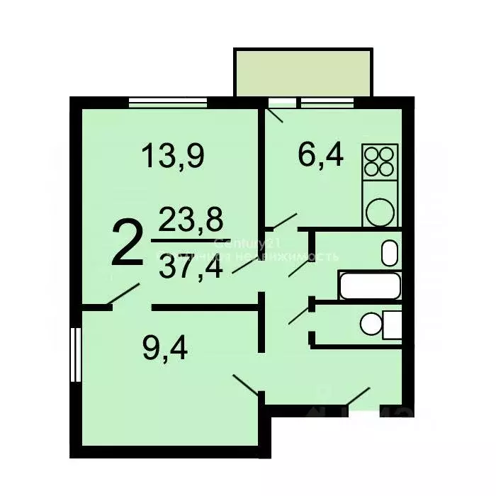 Квартира, 2 комнаты, 37.1 м - Фото 0