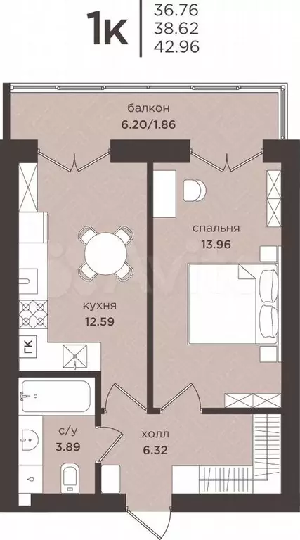 1-к. квартира, 38,6 м, 2/7 эт. - Фото 1