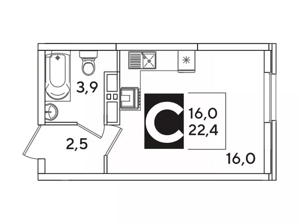 Студия Краснодарский край, Краснодар Самолет-6 жилой комплекс (22.4 м) - Фото 1
