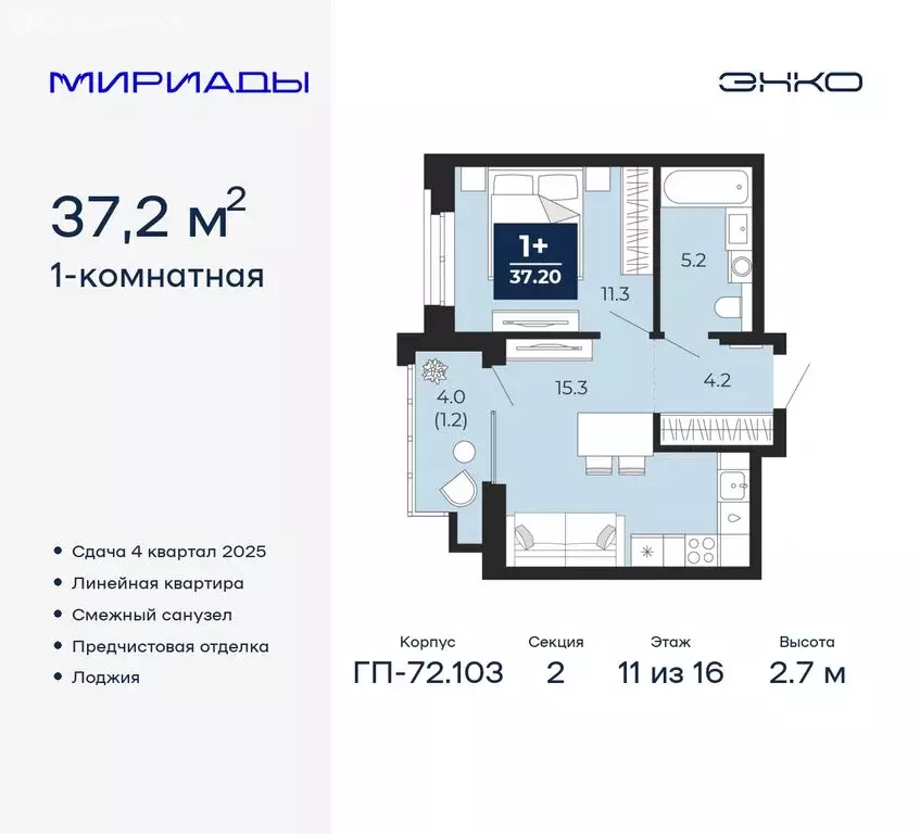 1-комнатная квартира: Тюмень, жилой комплекс Мириады (37.2 м) - Фото 0