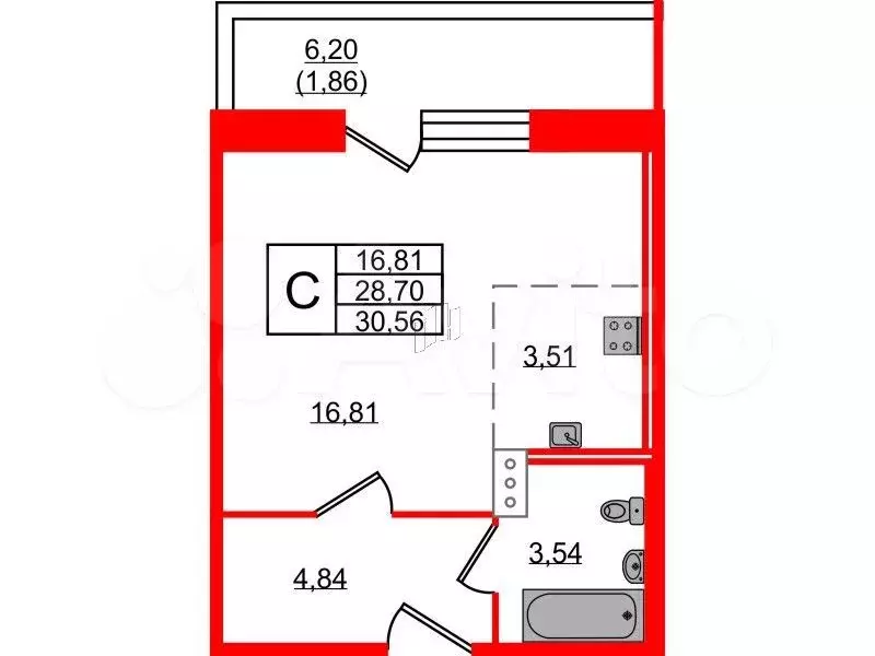 Квартира-студия, 30,3 м, 7/12 эт. - Фото 0