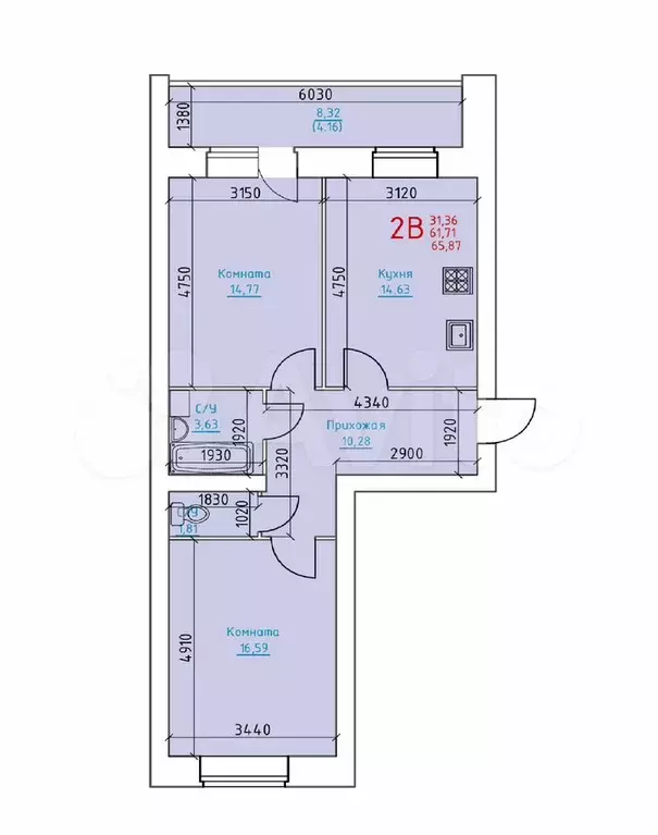 2-к. квартира, 65,9 м, 4/8 эт. - Фото 0