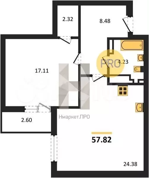 1-к. квартира, 59,1 м, 9/9 эт. - Фото 1