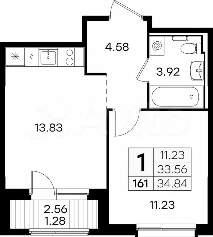 1-к. квартира, 34,8 м, 5/9 эт. - Фото 0