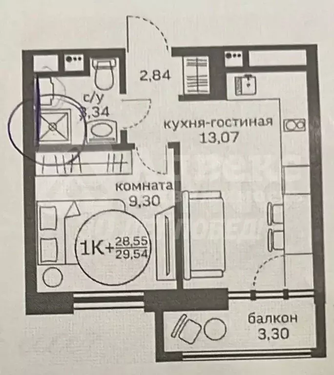 Студия Тюменская область, Тюмень ул. Краснооктябрьская, 16 (30.0 м) - Фото 2