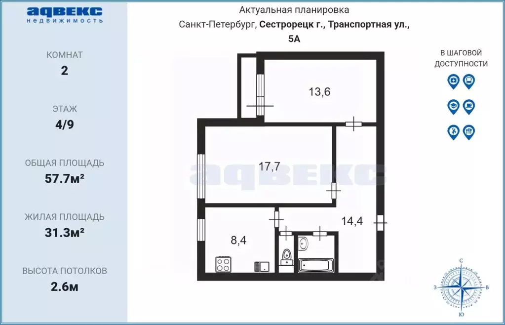 2-к кв. Санкт-Петербург, Санкт-Петербург, Сестрорецк Транспортная ул., ... - Фото 2