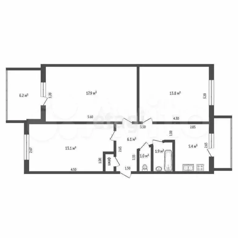 3-к. квартира, 59,8 м, 5/5 эт. - Фото 0