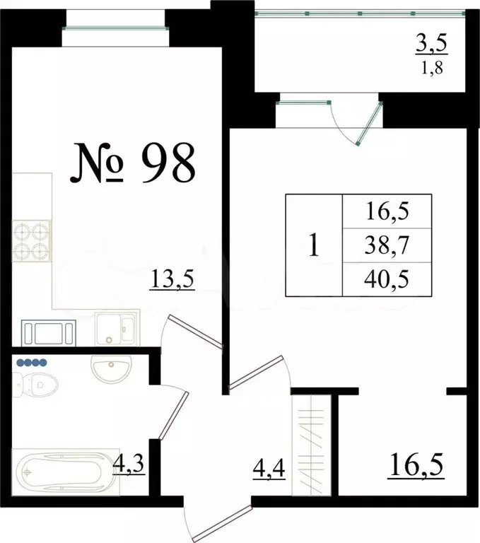 1-к. квартира, 40,5 м, 4/8 эт. - Фото 0