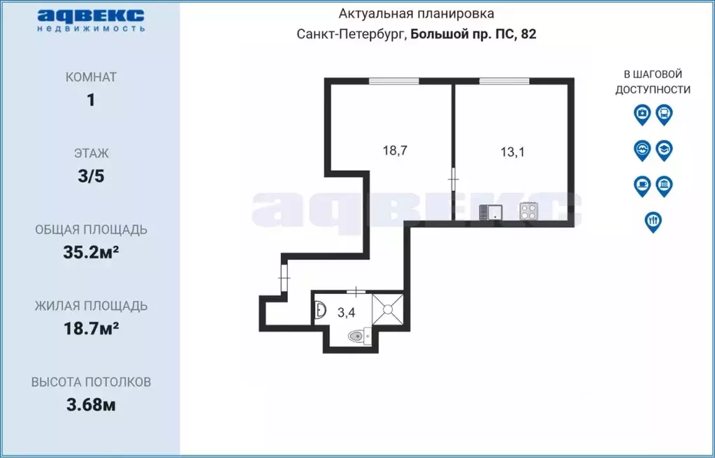 1-к кв. Санкт-Петербург просп. Большой Петроградской стороны, 82 (35.2 ... - Фото 1