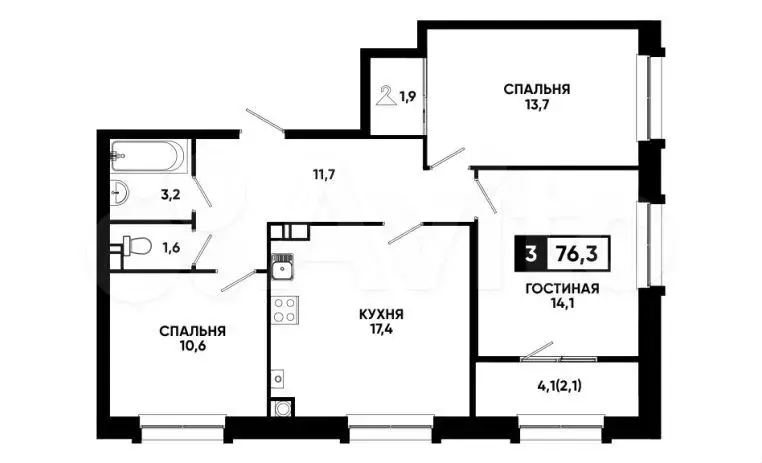 3-к. квартира, 76 м, 2/7 эт. - Фото 0