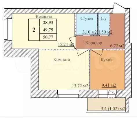 2-к. квартира, 50,8 м, 5/5 эт. - Фото 0