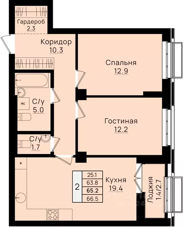 2-к кв. Башкортостан, Уфа Айская ул., 61 (65.2 м) - Фото 0