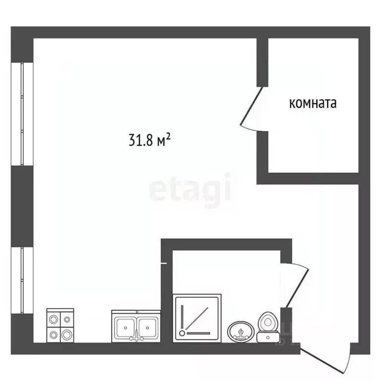 Студия Тюменская область, Тюмень ул. Орджоникидзе, 1А (31.8 м) - Фото 1