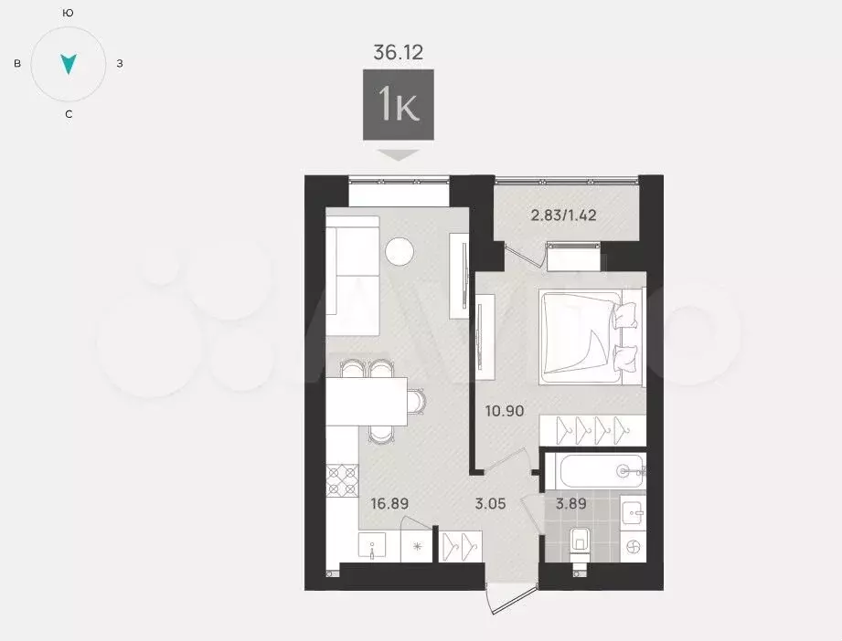 1-к. квартира, 36,1 м, 1/9 эт. - Фото 1