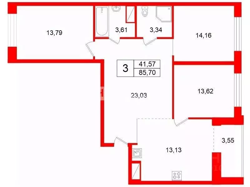 Квартира, 3 комнаты, 85.7 м - Фото 0