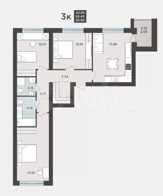 3-к. квартира, 84 м, 3/9 эт. - Фото 1