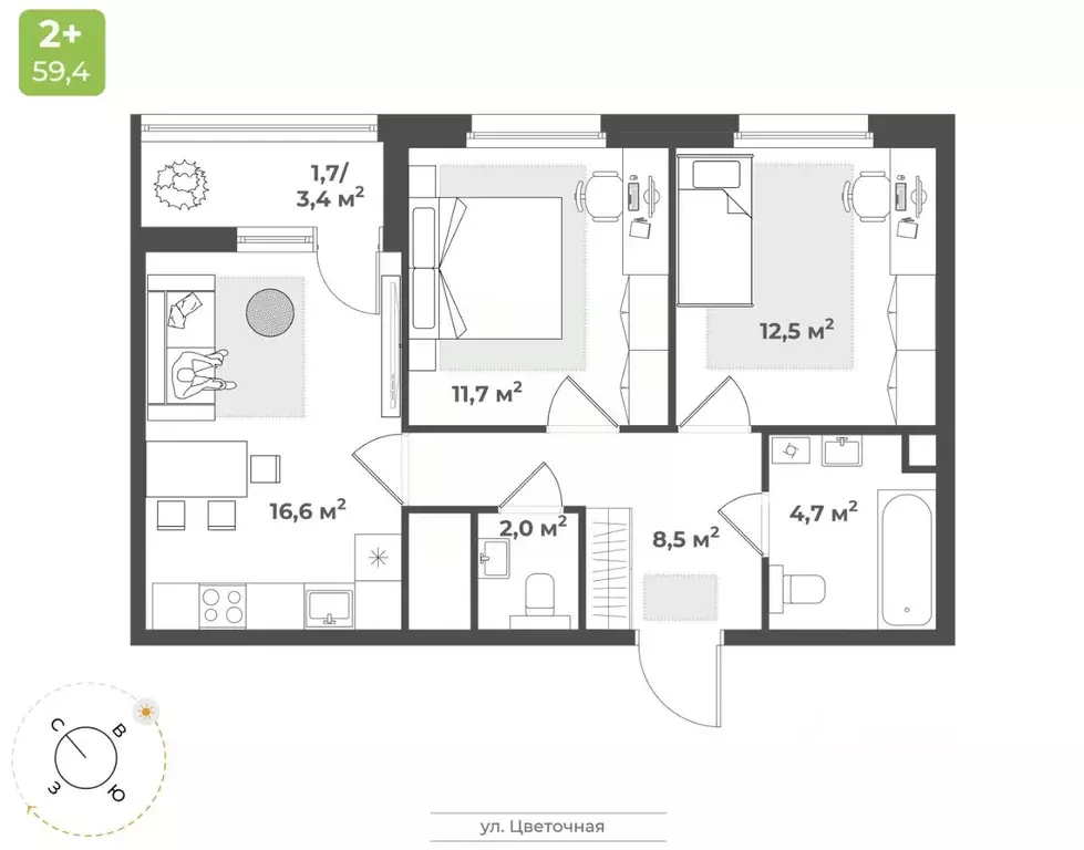 2-к кв. Тверская область, Тверь Соминка мкр,  (57.7 м) - Фото 1