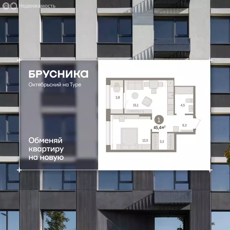 1-комнатная квартира: Тюмень, Краснооктябрьская улица, 4 (45.41 м) - Фото 0