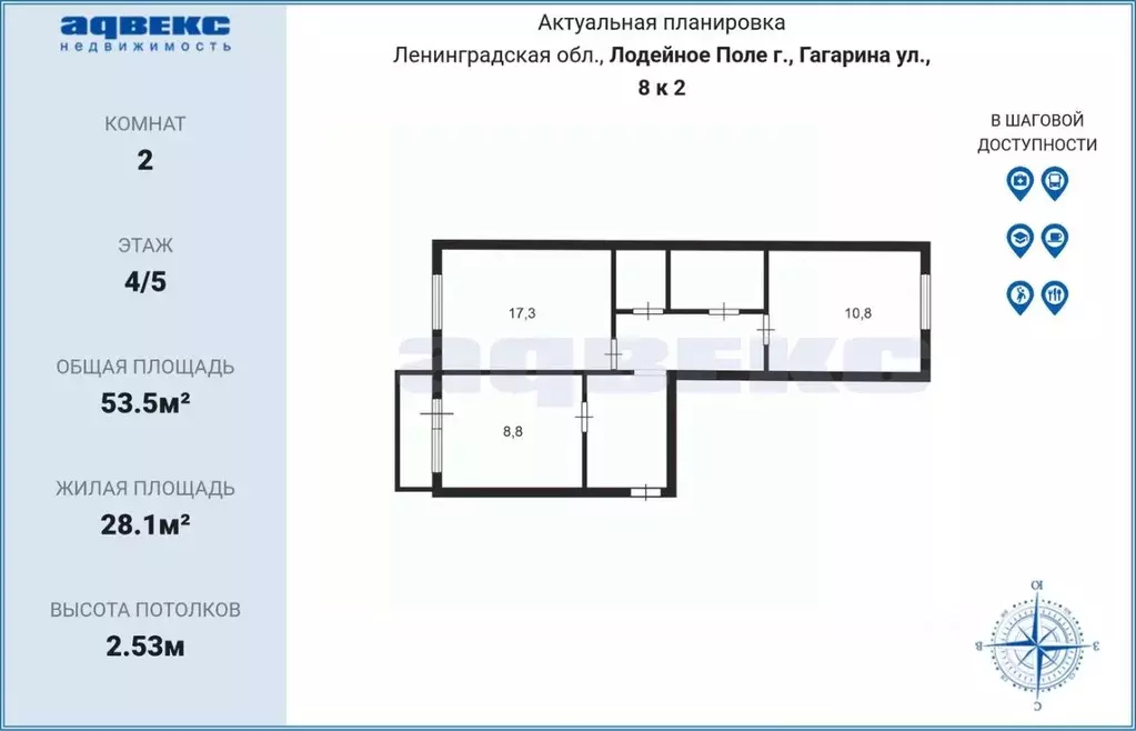2-к кв. Ленинградская область, Лодейное поле ул. Гагарина, 8к2 (53.5 ... - Фото 2