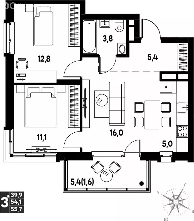 3-комнатная квартира: деревня Кондратово, проспект Дягилева, 3 (55.7 ... - Фото 1
