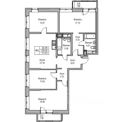 4-к кв. Санкт-Петербург ул. Ивинская, 1к1 (108.2 м) - Фото 0