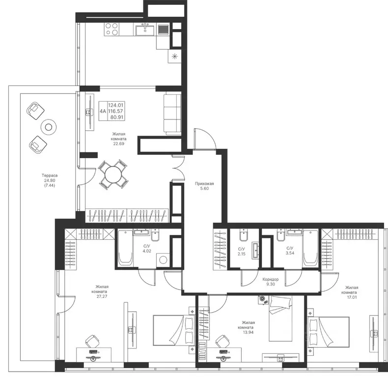 4-к кв. Татарстан, Казань Мой Ритм жилой комплекс (124.01 м) - Фото 1