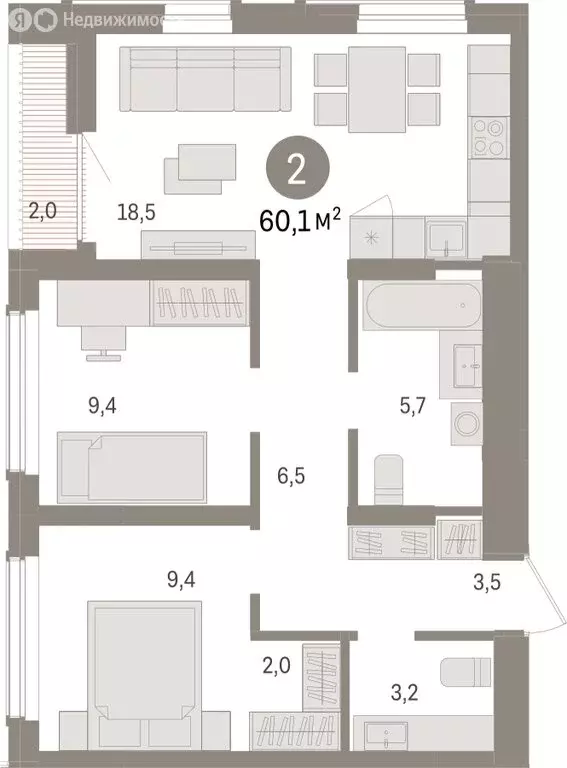 2-комнатная квартира: Новосибирск, улица Аэропорт (60.07 м) - Фото 1