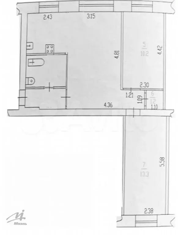 3-к. квартира, 56,9 м, 2/5 эт. - Фото 0