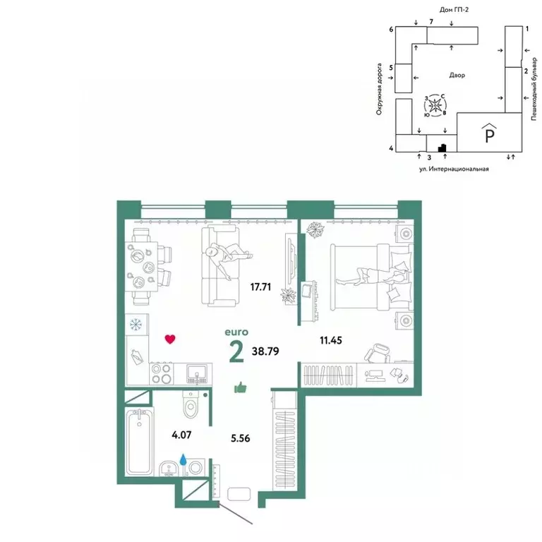 2-к кв. Тюменская область, Тюмень Интернациональная ул., 199к9 (38.79 ... - Фото 1