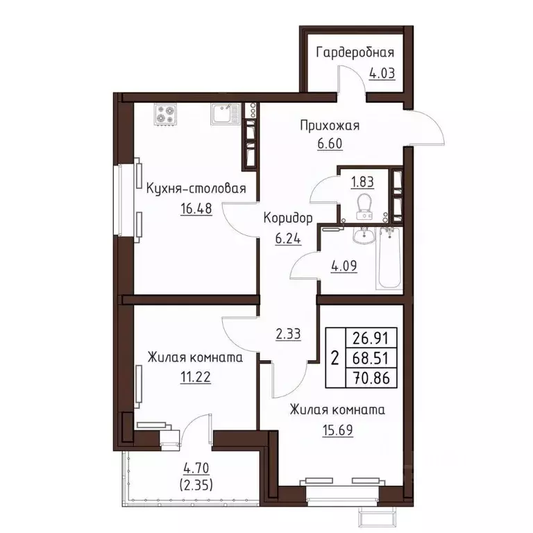 2-к кв. Орловская область, Орел ул. Левый Берег реки Оки, 21к1 (70.86 ... - Фото 1