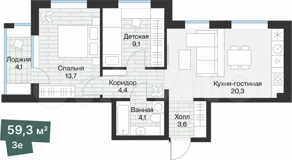 2-к. квартира, 57,2 м, 2/4 эт. - Фото 1