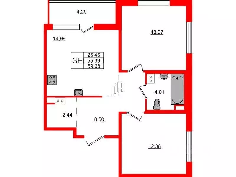 Квартира, 2 комнаты, 59.68 м - Фото 0