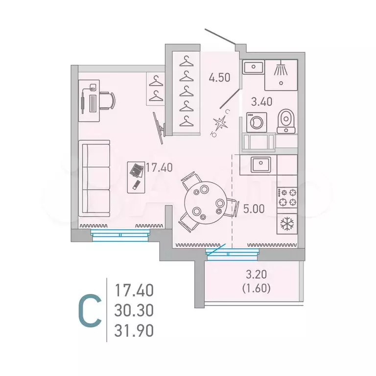 Квартира-студия, 31,9 м, 10/16 эт. - Фото 0