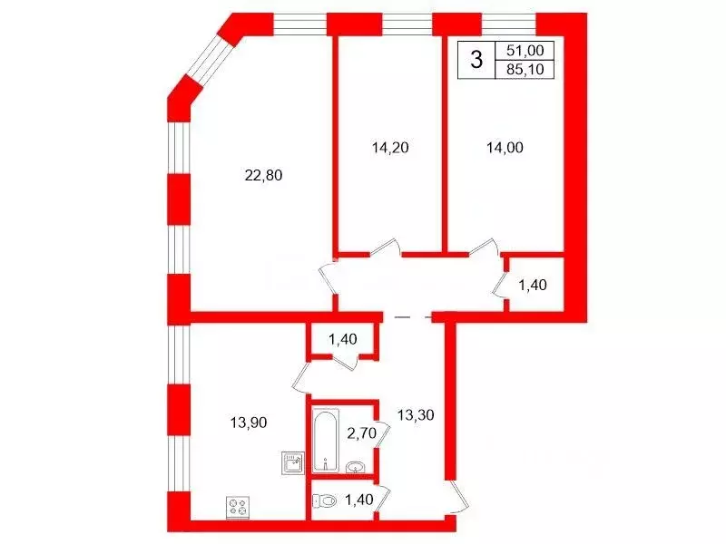 3-к кв. Санкт-Петербург Английский просп., 43 (85.1 м) - Фото 2