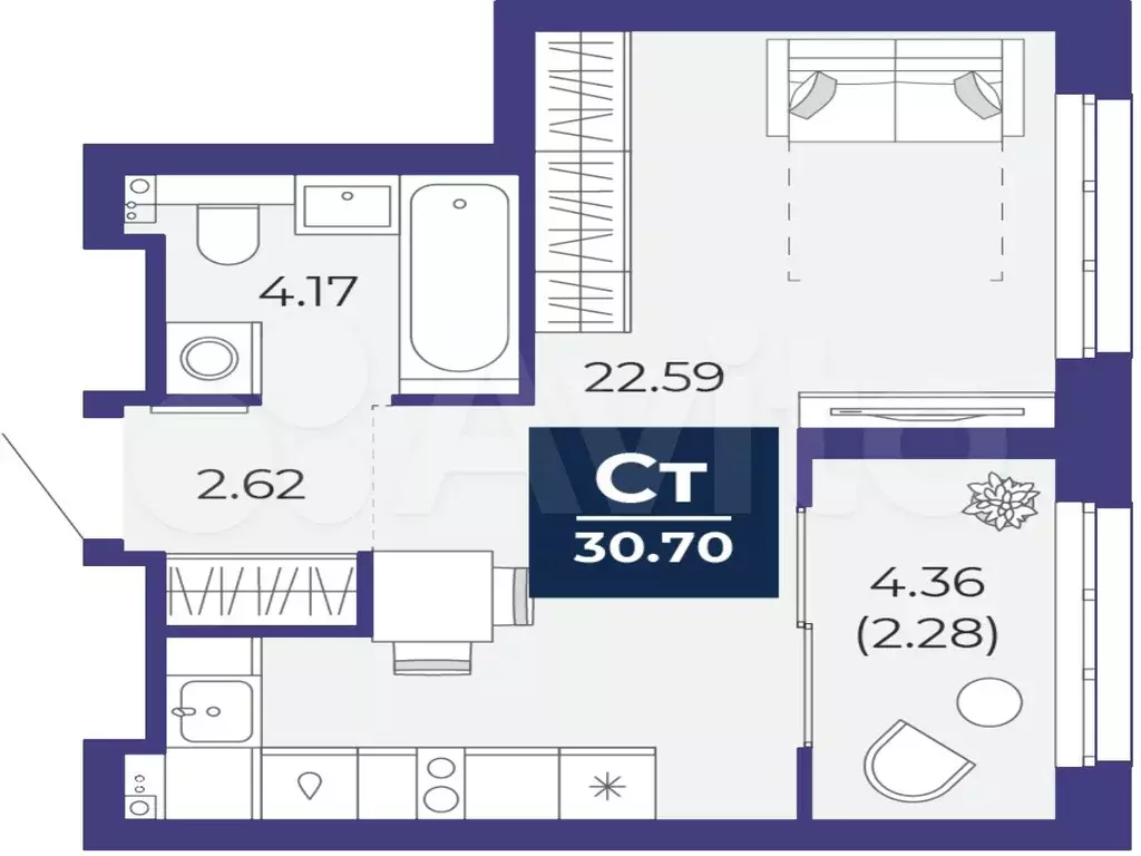 Квартира-студия, 30,7 м, 20/21 эт. - Фото 1