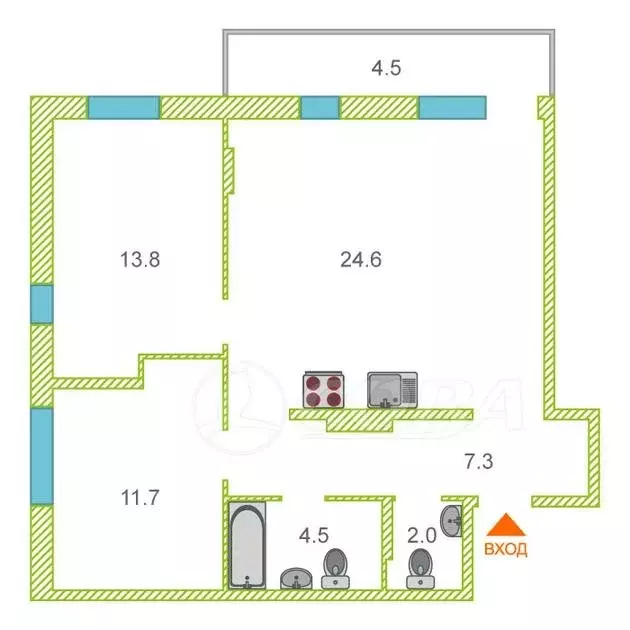 2-комнатная квартира: Тюмень, улица Николая Глебова, 3 (64 м) - Фото 1