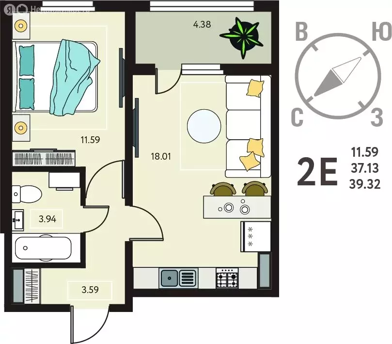 1-комнатная квартира: Курск, улица Энгельса, 115/6 (39.32 м) - Фото 1