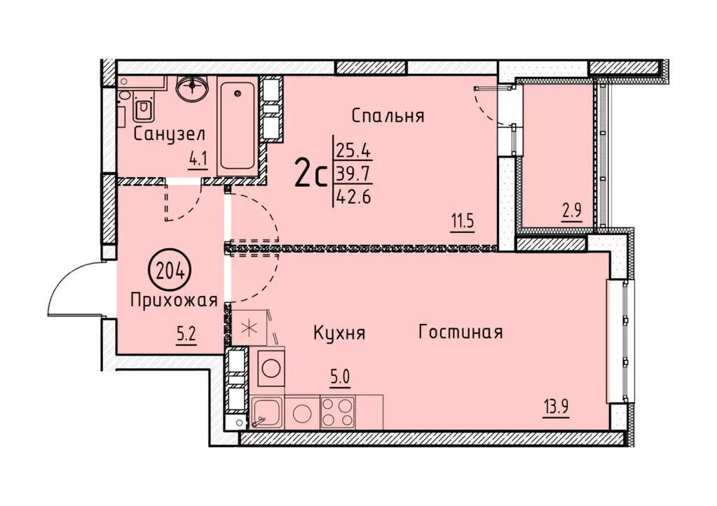 2-к квартира, 42.6 м - Фото 0