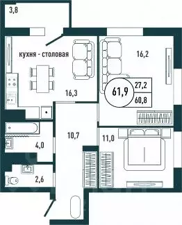2-к кв. Липецкая область, Липецк Манеж мкр, Дуэт жилой комплекс (61.9 ... - Фото 1