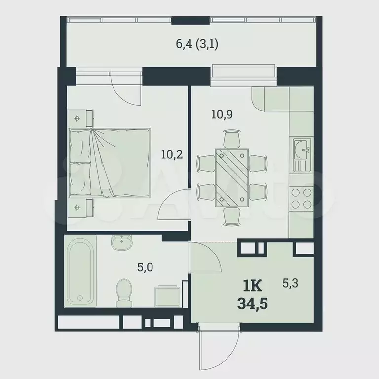 1-к. квартира, 34,5 м, 6/8 эт. - Фото 0